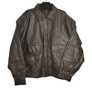 Vintage NASA Leather Jacket Men's XXL Brown Embossed Bomber Aviator Full-Zip